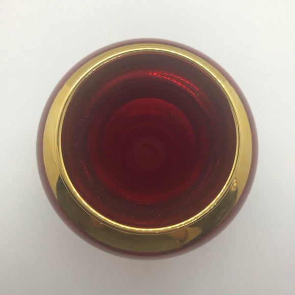 Ruby Red Hand Blown Vecchia Italian Glass Vase W Gold Gilt Design 5” Bohemian - Picture 5 of 9